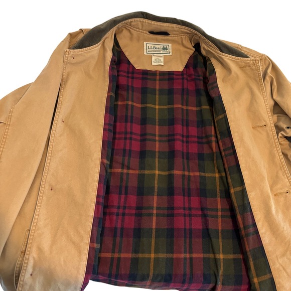 LL Bean Field Barn Coat Jacket Mens 2XL Tan Cotton Canvas Red Plaid Lining - Picture 8 of 12